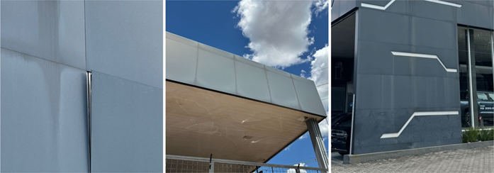 ACM de baixa qualidade após um ano de instalação apresenta desbotamento acentuado, perda de brilho e manchas irreversíveis